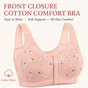 Plus Size Flower Print Wire Free No Pads Nursing Bra Mid-aged Mom Open Front Vest Brassiere Lingerie Cotton Bralette Underwear