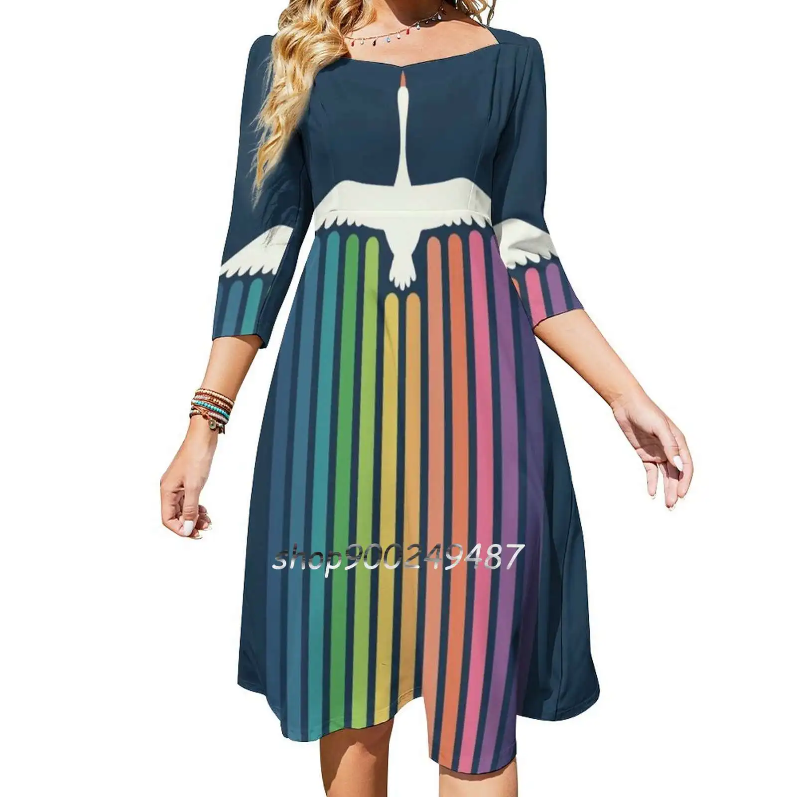 The Sky Is Not The Limit Sweet Elegant Dress Women Korean Kawaii Square Collar Dress Swan Limit Dream Fly Rainbow Universe