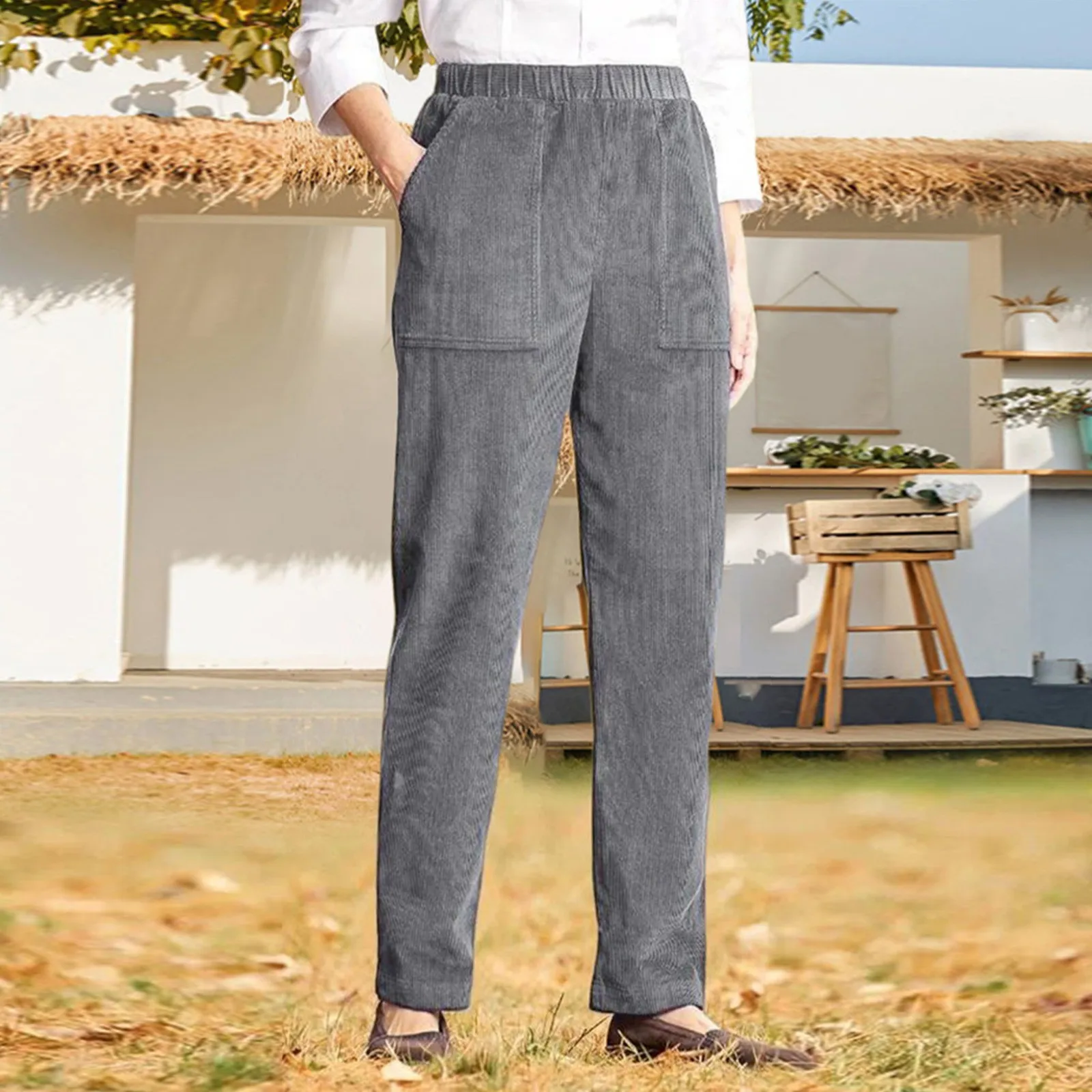 

Women Pants Winter Thicken Solid Color Elastic High Waist Pockets Trousers Vintage Thick Warm Business Straight Bottoms Ladies