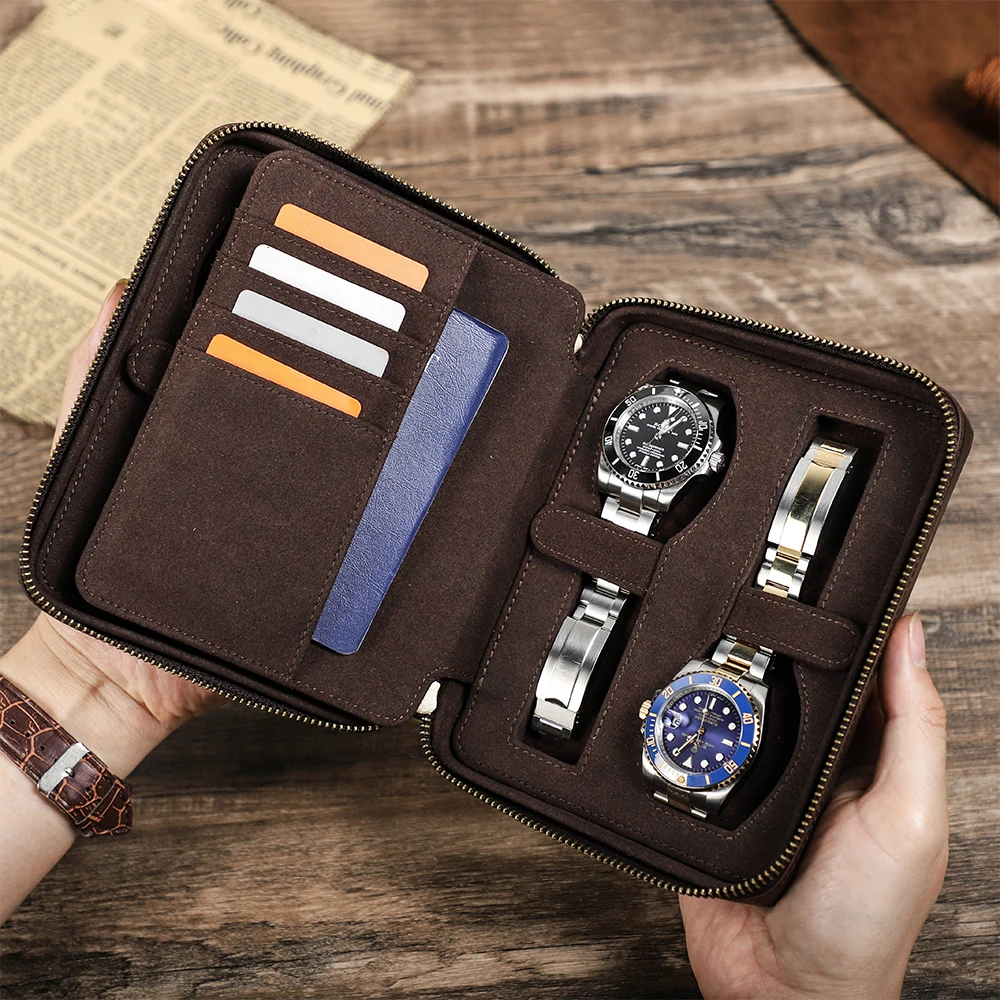 Genuine Leather 4 Slot Watch Box Display Case Storage Watch Organizer Zipper Travel Collector Case with Card Holder Pocket