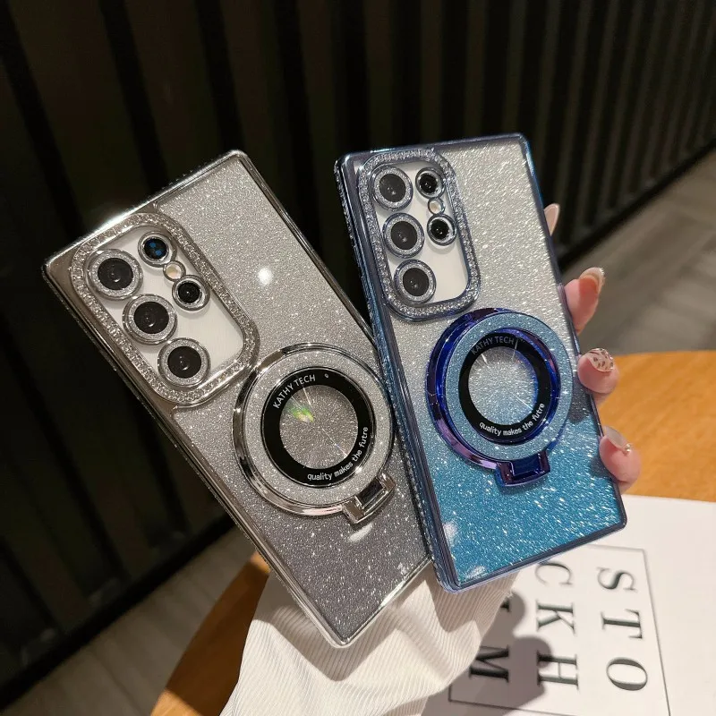 Magnetic Wireless Charging Stand with Shockproof Glitter Diamond Back Case