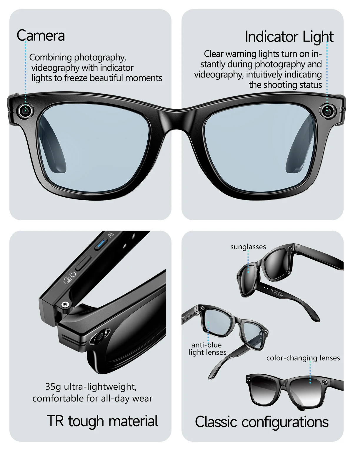 Smarte KI-Brille mit Kamerafunktion 1080HD Foto Anruf Übersetzung Wasserdichte Bluetooth-Sonnenbrille Touch-Steuerung Sonnenbrille – Detail 4