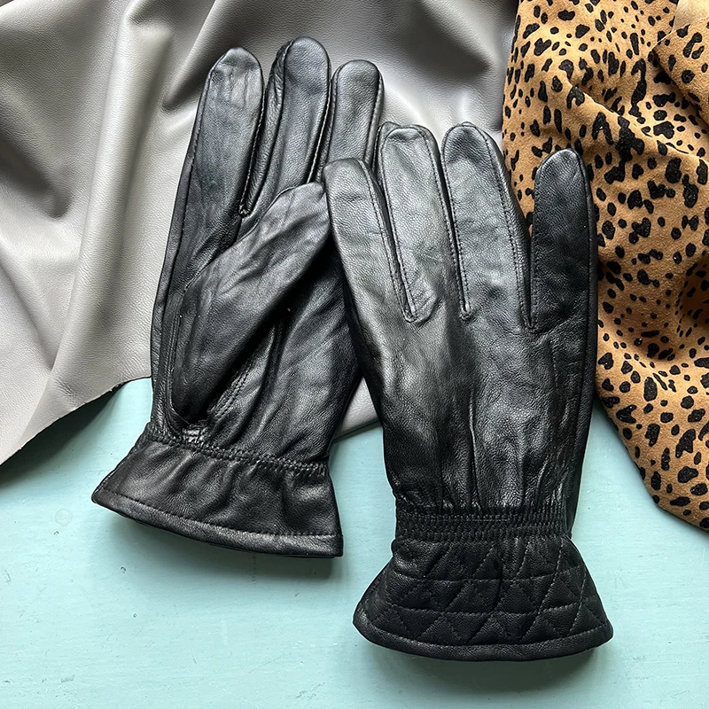 

Men's glove XL Size Men's Winter Black Leather Gloves Driving Gloves Real Sheepskin Leather Warm Lining Gloves