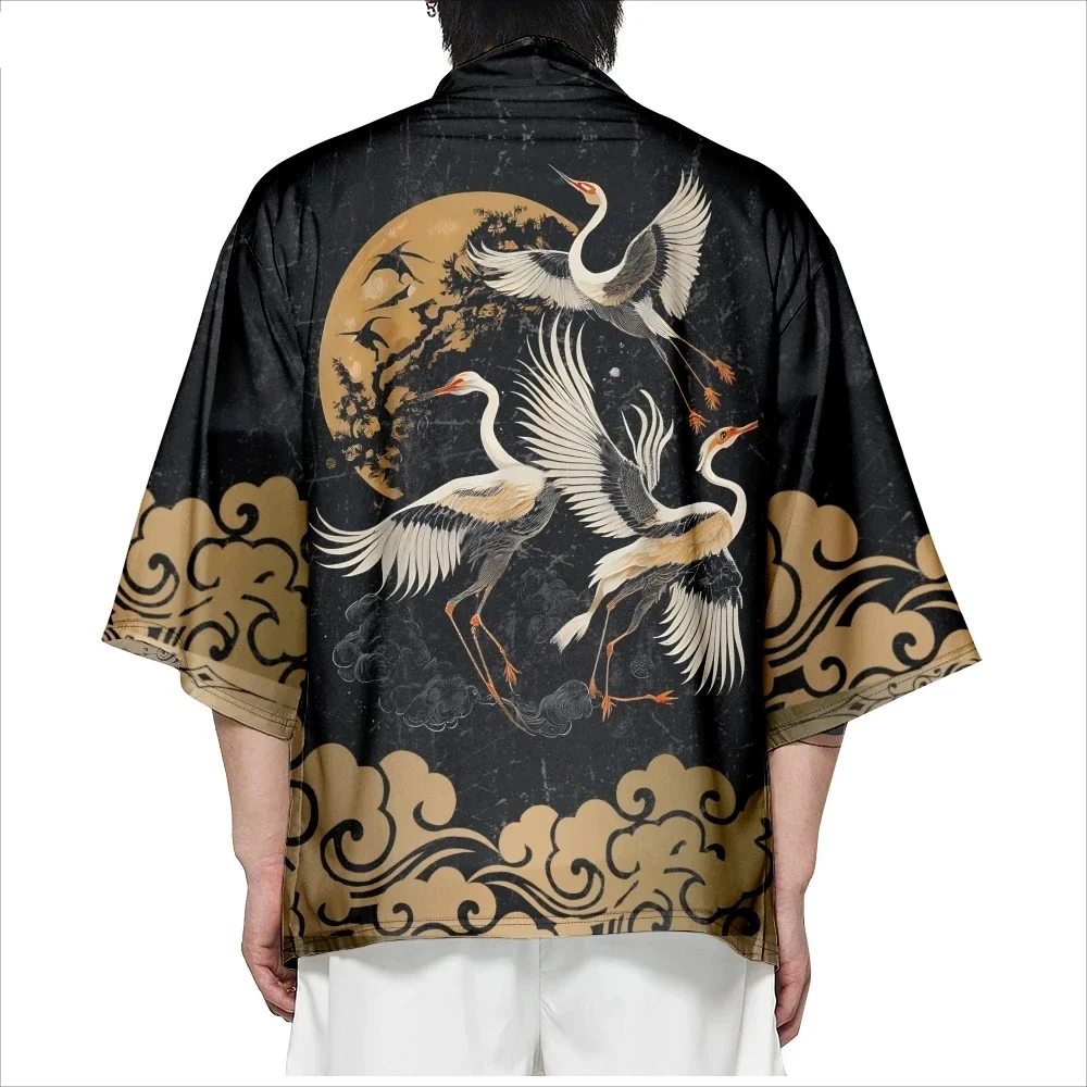 Japanese Style Cosplay Shirt 3D Crane Print Men and Women Traditional Samurai Kimono Haori Japanese Beach Yukata