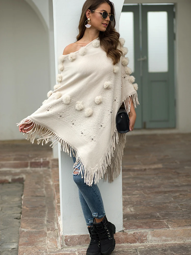 Luxury Women Bohemian Hairballs Fringed Sweater Cloak Pearls Beaded Cape Irregular Poncho Slash Neck Knitwear - Capes & Ponchos - AliExpress