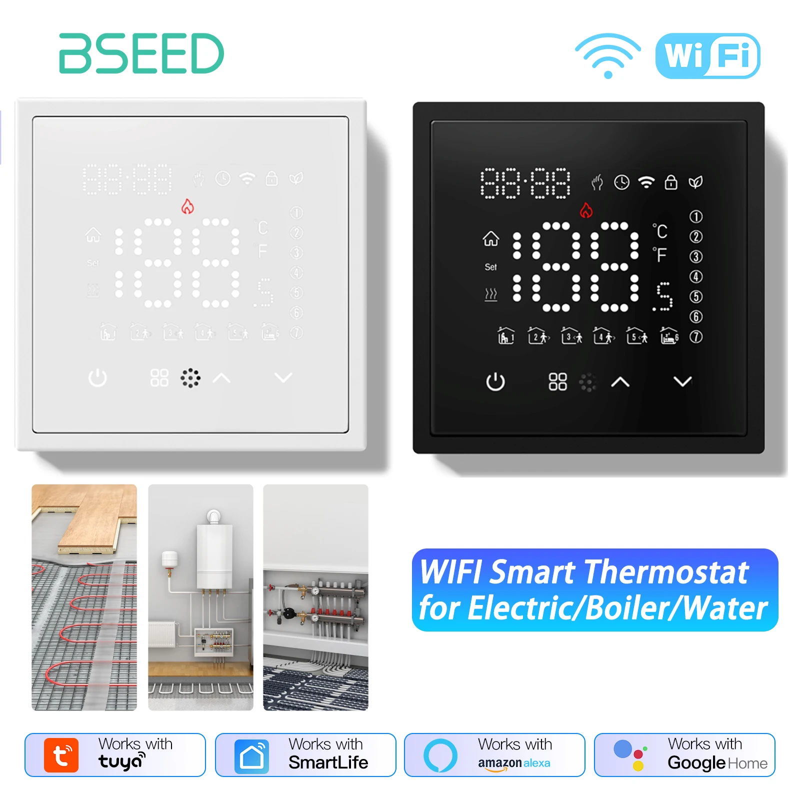 BSEED WIFI เครื่องทําความร้อนใต้พื้นไฟฟ้าหม้อต้มน้ําห้องเทอร์โมสมาร์ท Alexa Google App อุณหภูมิ Controller กรอบพลาสติก 1