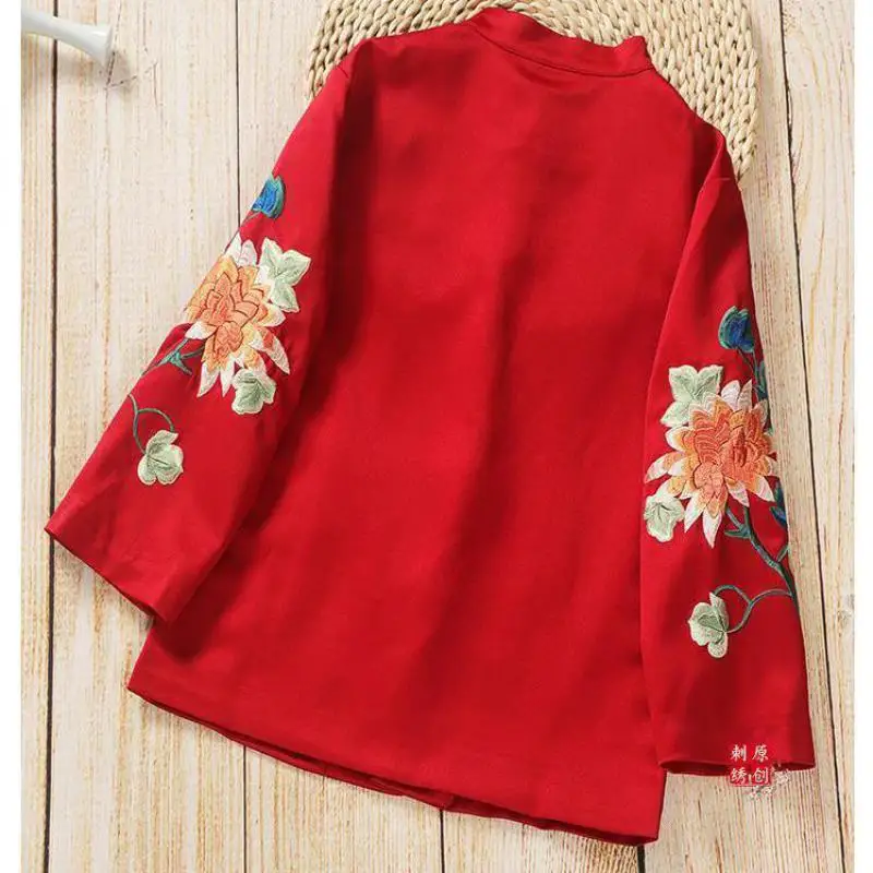Peony Flower Embroidery Vintage Tang Suit Jacket Women Long Sleeve Single-breasted Loose Stand Collar Chinese Style Outerwear