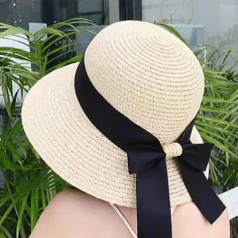 

2024 Summer Ribbon Bowknot Women Princess Hat Straw Hat Outdoor Beach Sunscreen Foldable Beach Hats Female Fisherman Cap Lady