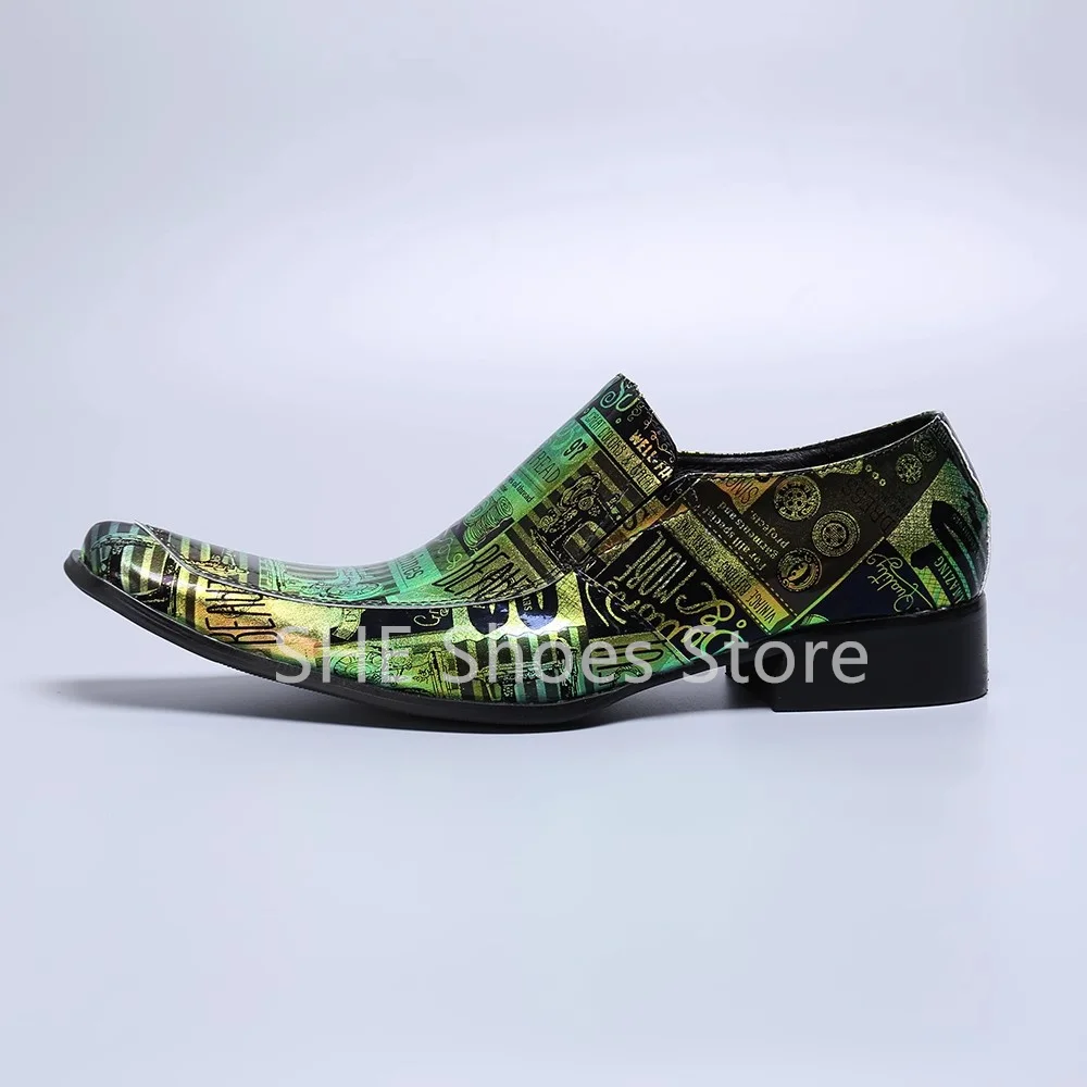 Mixed Color Print Shallow Slip-On Loafers for Men Irregular Pointed Toe Low Heel Oxfords Male Party Dress Genuine Leather Shoes