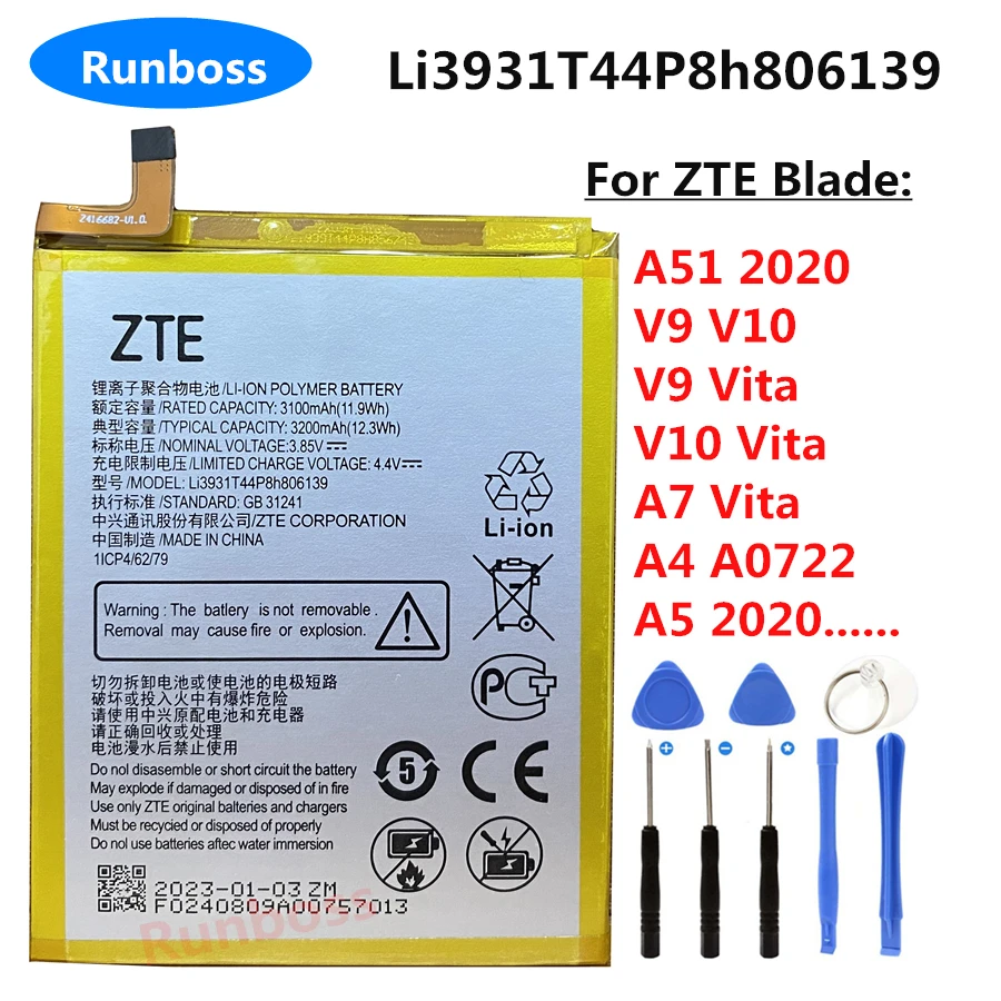 

Original 3200mAh Li3931T44P8h806139 Battery For ZTE Blade V9 V10 /V9Vita V10Vita/A7 Vita/A4 A0722/A5 2020 Replacement Phone