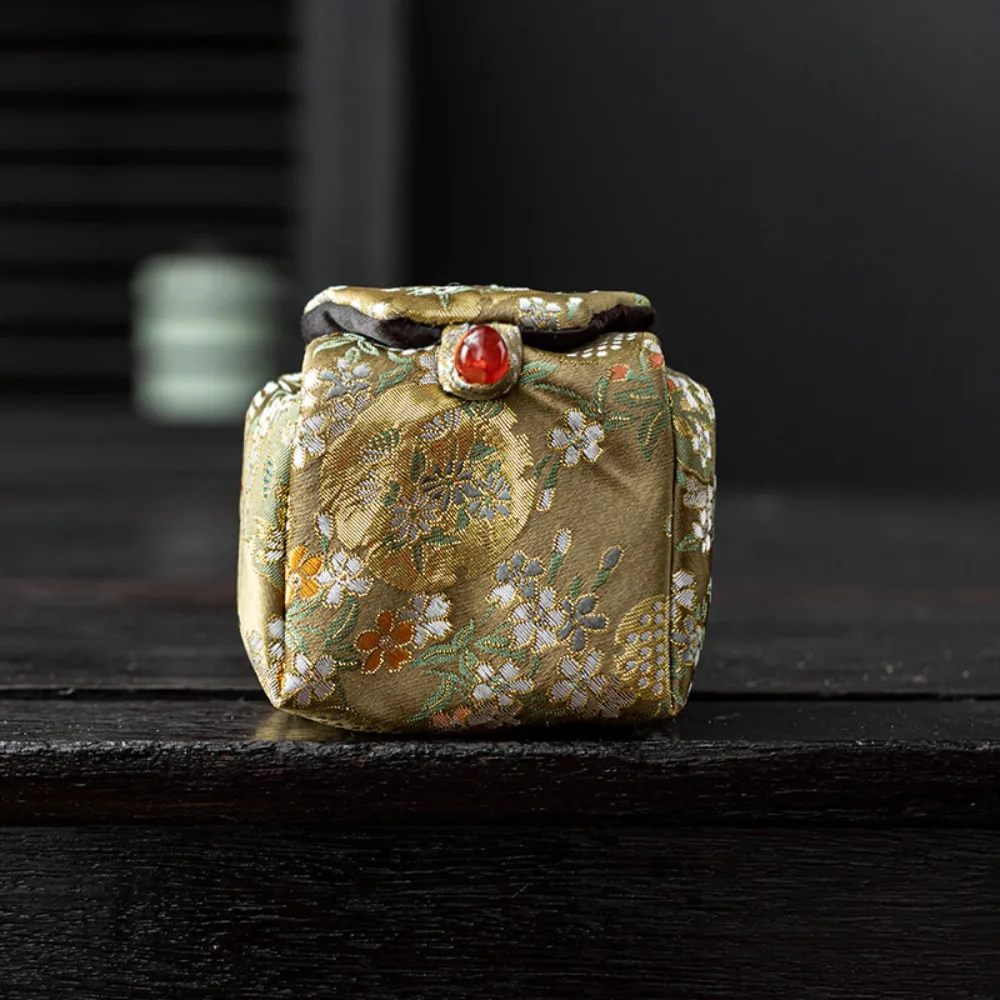 Retro Brocade Tea Bag Brocade Fabric Portable Tea Cozies Entangled Lotus Pattern Thickened Pot Bag Camping