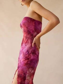 Women Floral Mesh Dress Summer Backless Strapless Split Party Dress for Cocktail Beach Streetwear Aesthetic Clothes 4