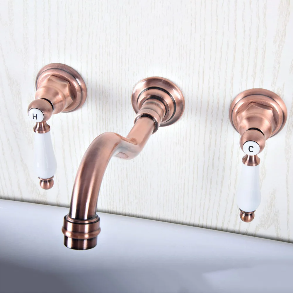 

In-Wall Basin Faucet Set 3 hole Antique Red Copper Double Ceramic Handle Wall Mounted Bathroom Sink Faucet Hot Cold Tap tsf504