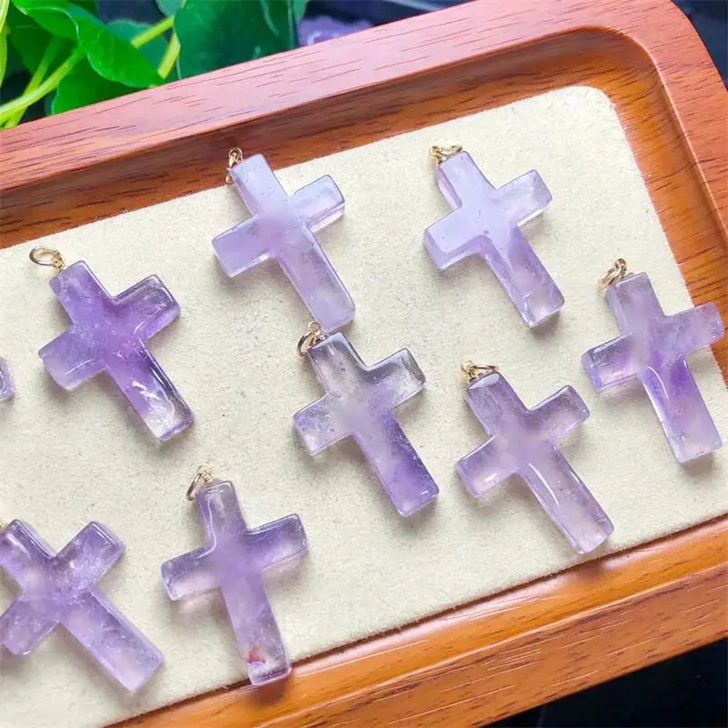 

5pcs Natural Lavender Quartz Cross Pendant Energy Purple Crystal Gemstone DIY Fashion Healing Jewelry Gift 28MM