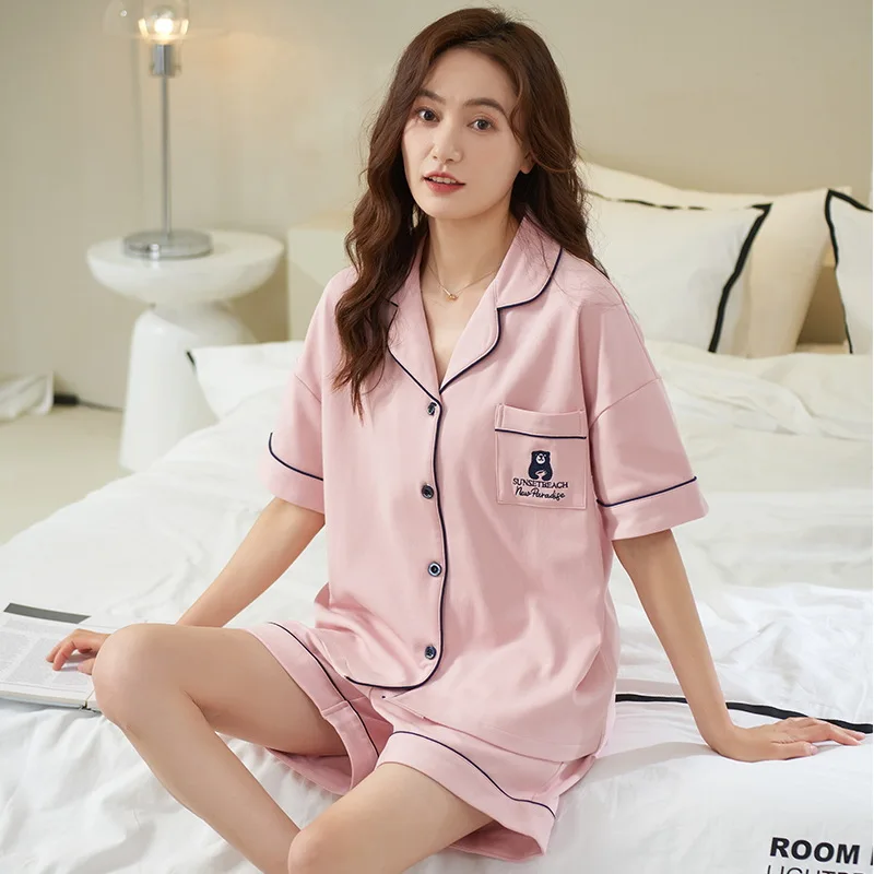 Cotton Women Pajamas Sets Lapel Pyjamas Female Loungewear Pijamas Short Sleeve Button Down Top Shorts Suit Sleepwear Nightwear