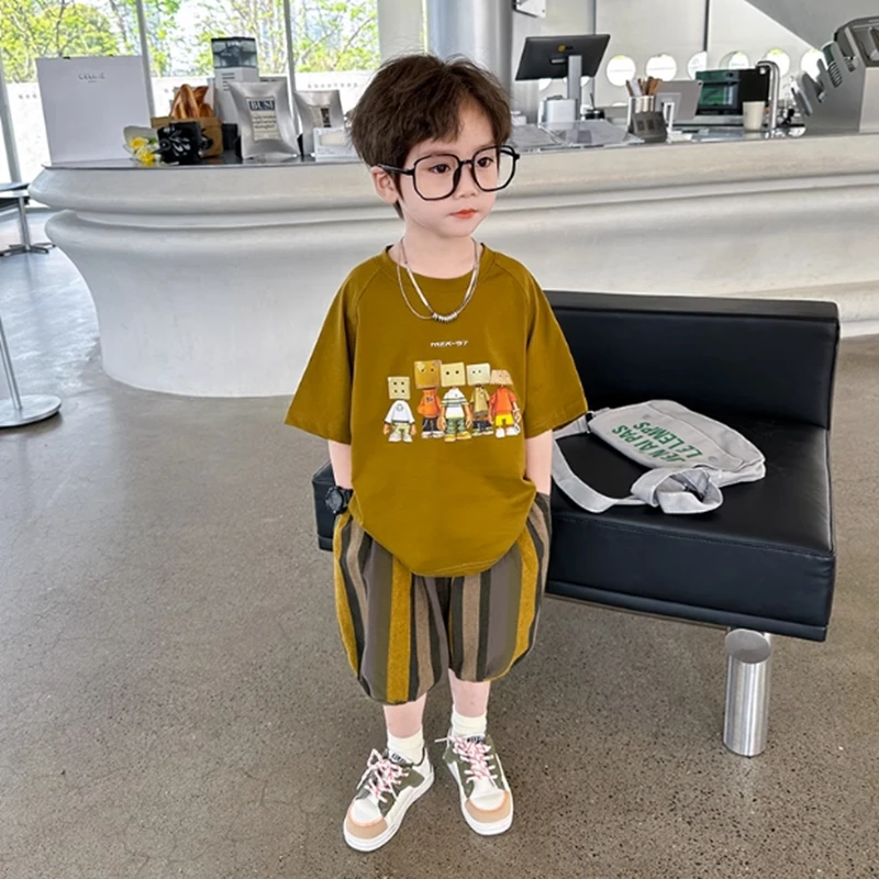 Boys Pure Cotton Summer Set Loose Short Sleeved Children's Clothing T-shirt+7-point Shorts New Baby Boy Thin Two-piece Set