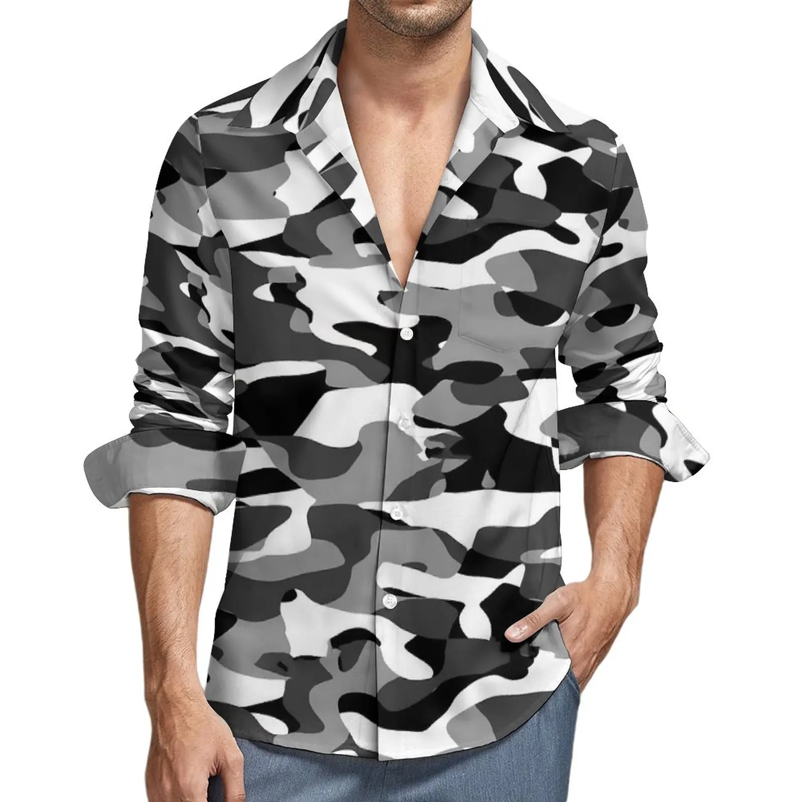 

Camo Casual Shirts Mens Black White Camouflage Shirt Long Sleeve Retro Harajuku Blouses Spring Printed Tops Plus Size 4XL