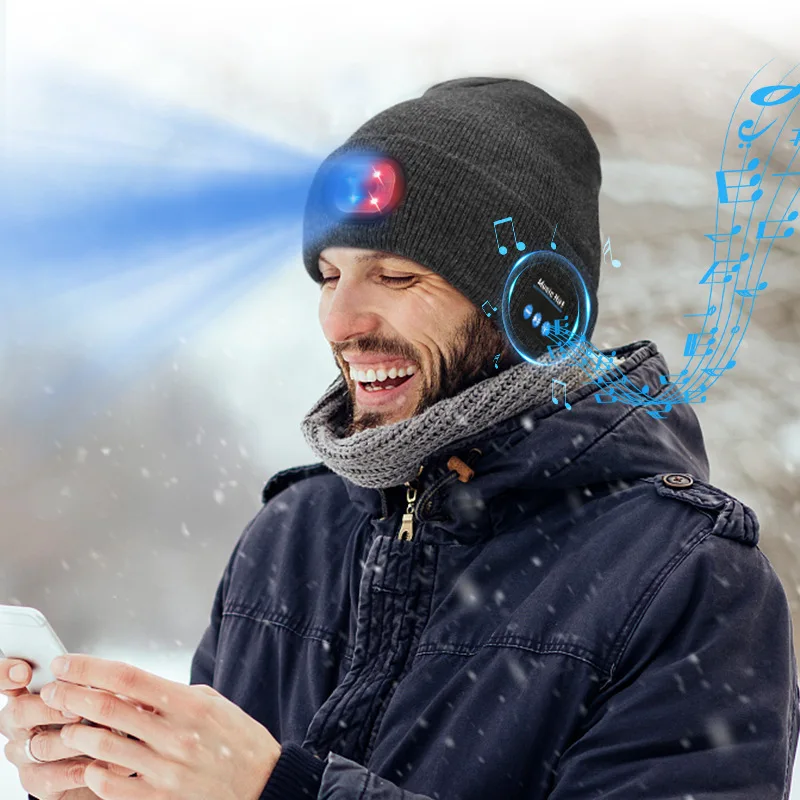Outdoor hat, wireless bluetooth music, led lighting, knitted warmth, luminous hat, night running, cycling, safety