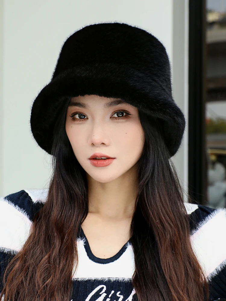 Women Bucket Hat Women Hat Bucket Hat False Mink Fur Bucket Elegant Women's Winter Caps New Design Fashion Artificial Fur Hats Knitted Warm False Mink Beanies
