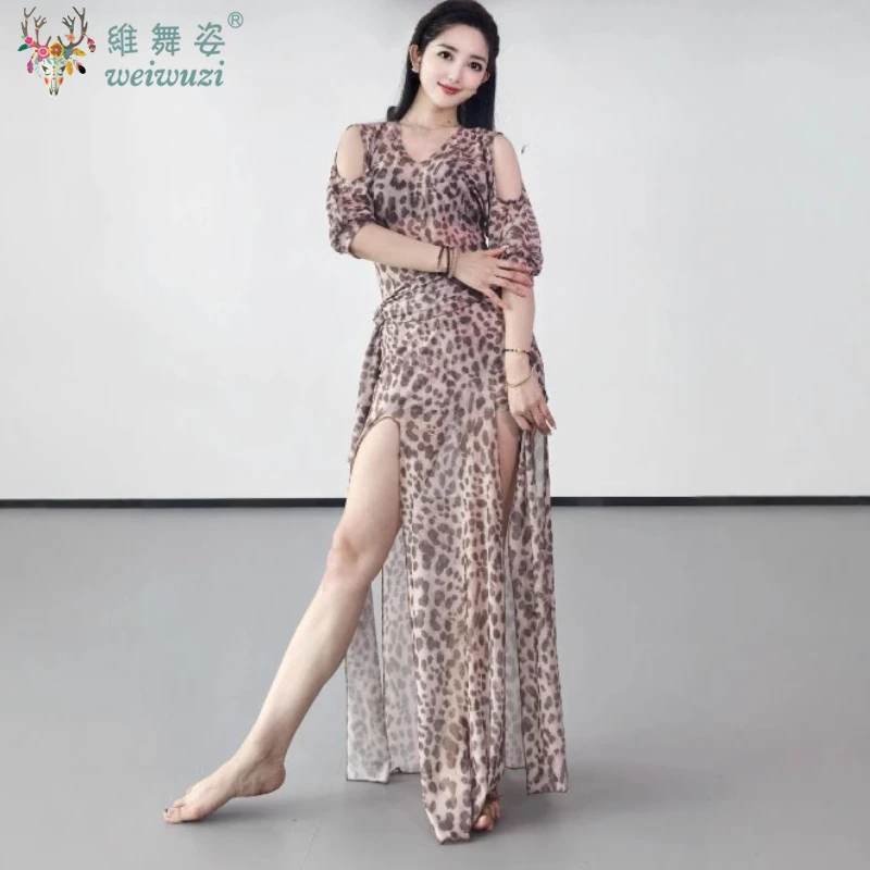 Belly Dance Practice Costume Leopard print mesh Dress Baladi Robe Shaabi Robe Clothes Folk Dress Oriental Performances Clothing