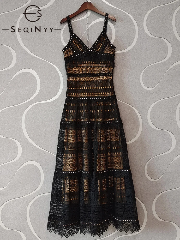 

SEQINYY Elegant Long Dress Summer Spring New Fashion Design Women Runway New Fashion Design Women Runway Beading Party Lace