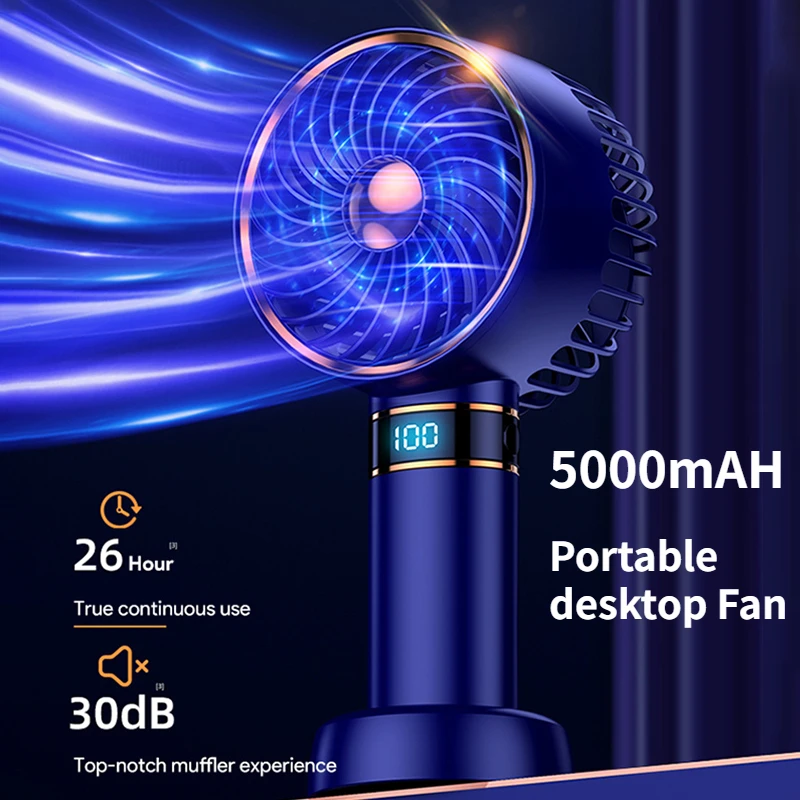 

Portable 5000mAh Mute HandHeld Fan USB Charging Fan Office Desktop Fan Indoor Outdoor Mini Fan Summer with Base Digital Display