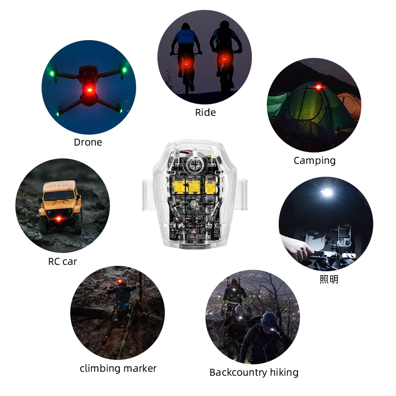 Vue rapprochée du feu stroboscopique drone DJI Mini 3 Pro montrant les LED rouge, vert, blanc.
