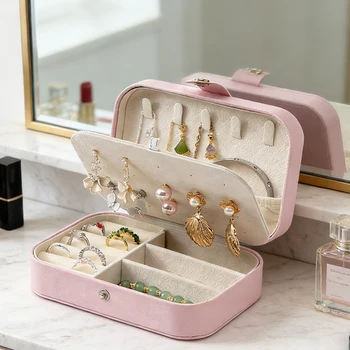 Portable Multi-Compartment Jewelry Box with Velvet Lining - Travel-Friendly Pink Jewelry Organizer for Accessories 1