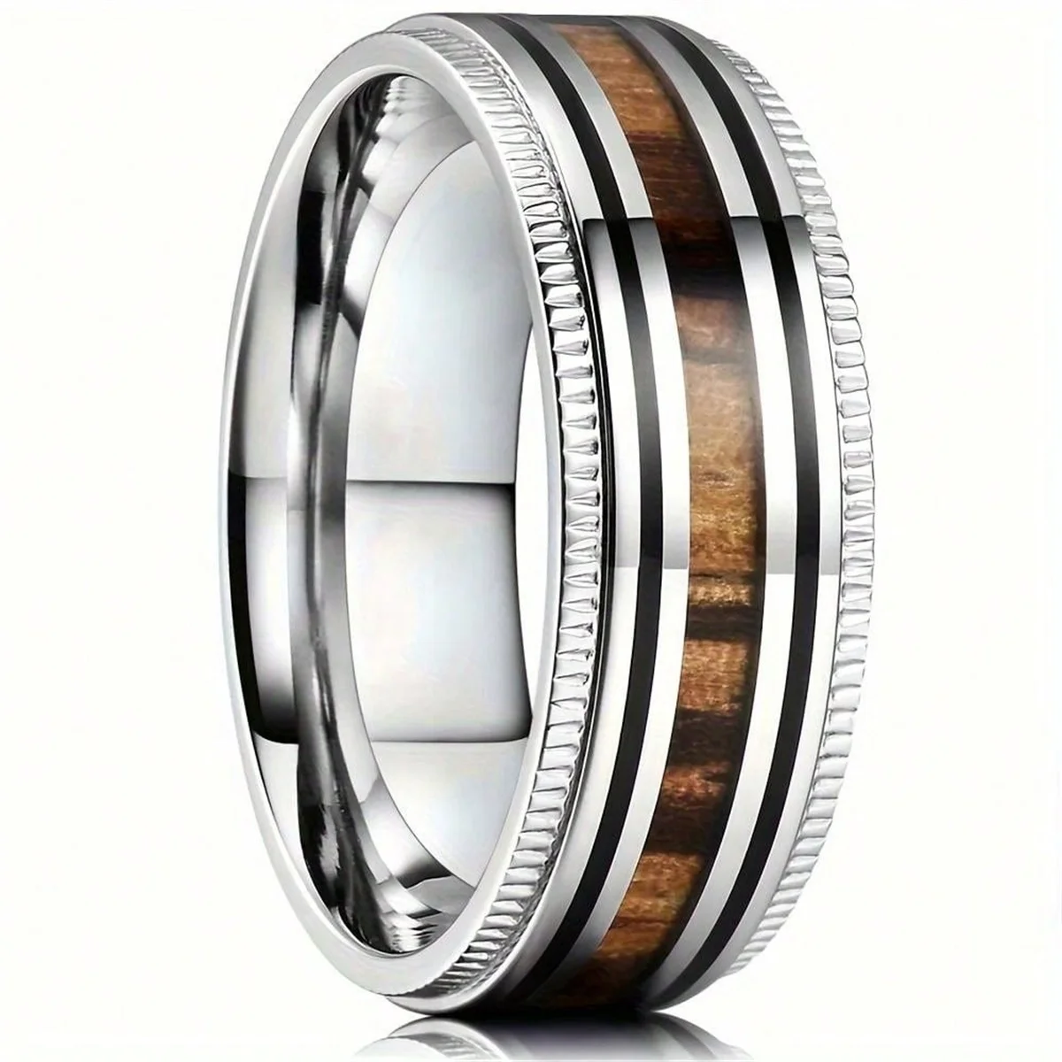 Fashion Silver Color Men Stainless Steel Koa Wood Rings Sawtooth Edge Engagement Rings For Men Women Wedding Party Jewelry Gifts
