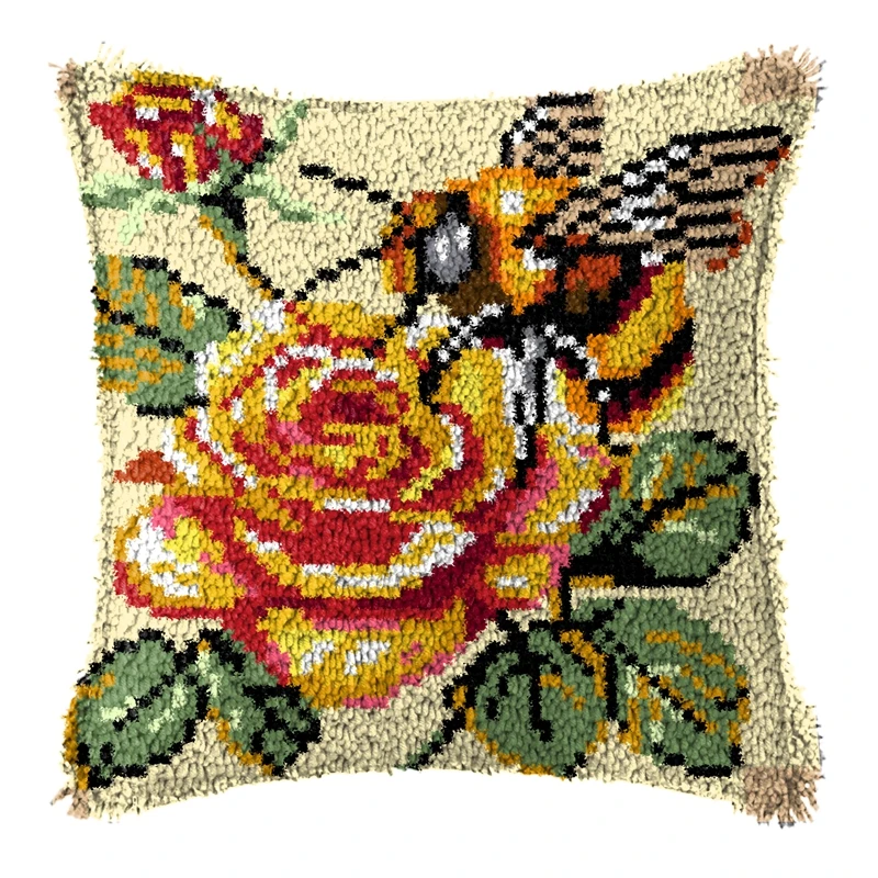 Floral Latch Hook Pillow Kits Embroidery Rug Kit with Pre-Printed Canvas & Acrylic Yarn Supplies