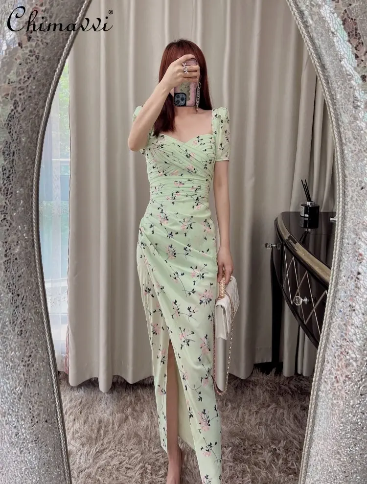 

Retro Square Collar High Waist Green Long Dress for Women 2023 Spring Summer Printed Sexy Split Bubble Short Sleeve Dress Female