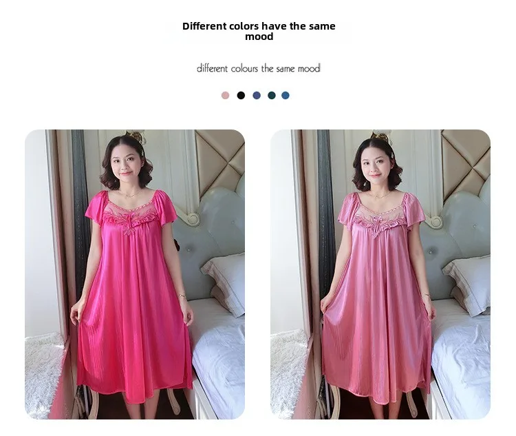 Ladies Nightdress Sexy Ice Lace Large Size Solid Color Flower Pajamas Thin Short-sleeved Lace Skirt Night Dress Women Dress