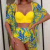 High Waist Leaf Print Bikini Swimsuit with Net Cover up Slimming Design Cross-Border New Style Women's Fashion Swimwear
