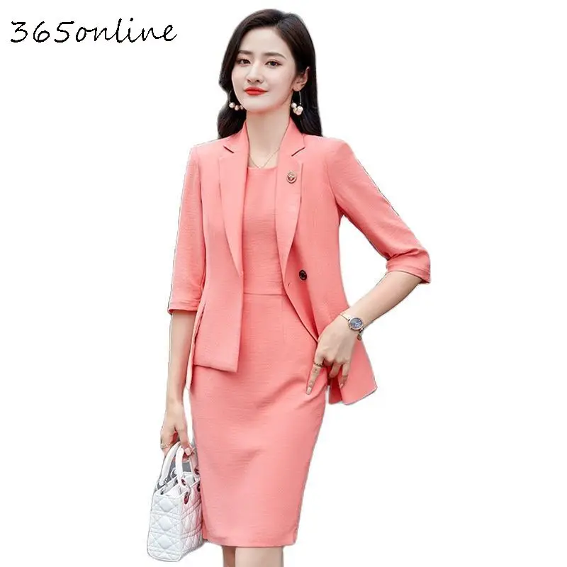 Pink Women Dresss Suits with Dress and Tops 2 Piece Set OL Styles