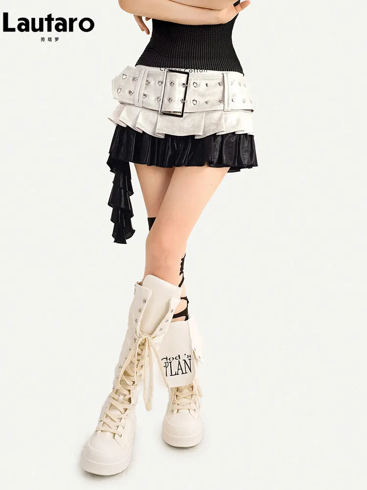 Lautaro Spring Summer Silver Patchwork Black Pu Leather Mini Skirt Women Belt Luxury Designer Punk Style Clothes Streetwear 2026 - Image 4