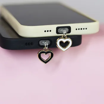 Spina antipolvere per telefono cellulare Nero Bianco Amore Coppia a forma di cuore Ciondolo per telefono cellulare per accessori iPhone per porta Samsung Type-C 1