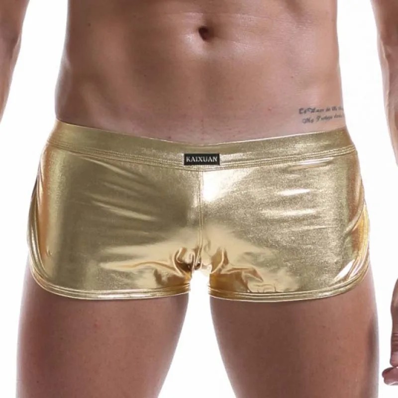 Sexy Men Boxers Shorts Low Waist Male Panties Legs Slit Underpants Imitation Leather Exotic Stage Show Night Club Gay Underwear 2