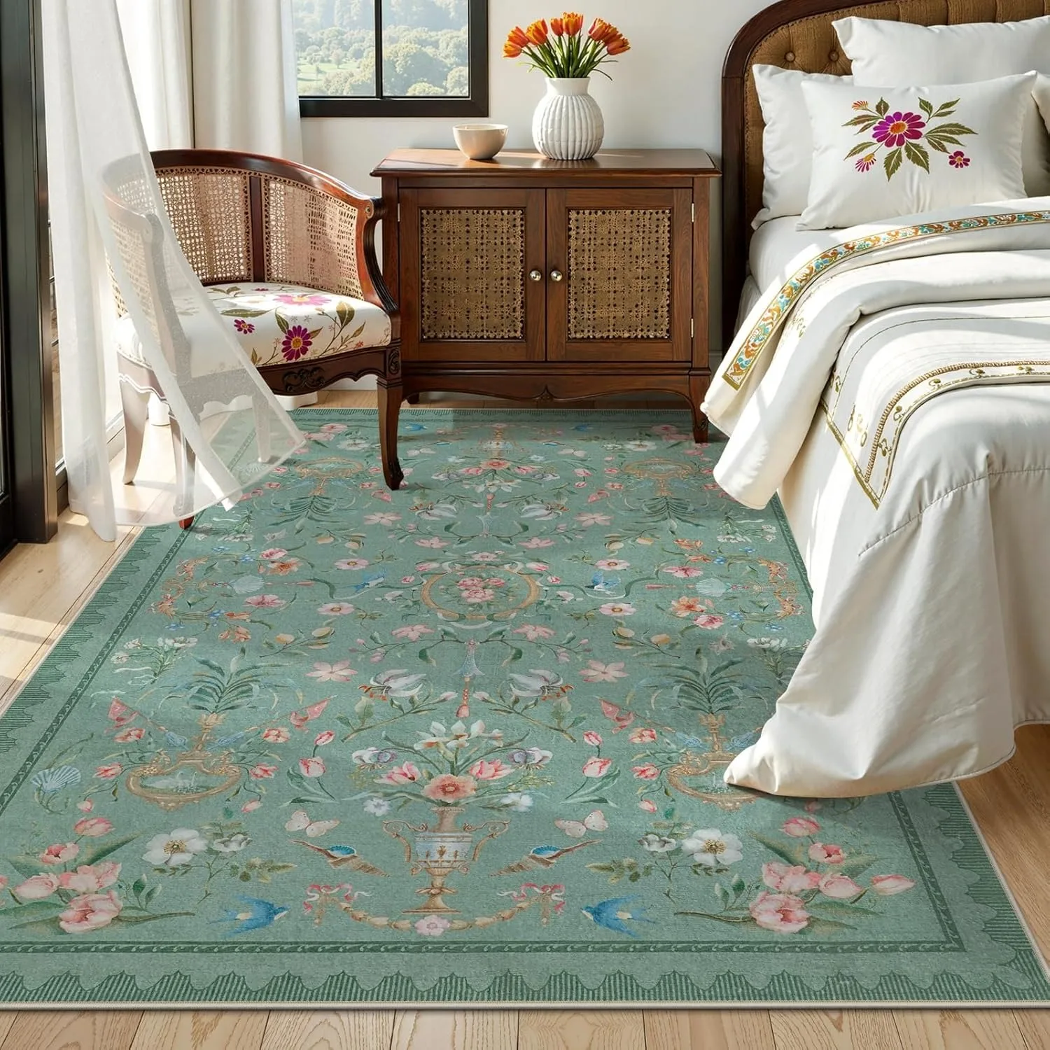 Pink Living Room Carpet Bohemian Bedroom Plush Rugs Machine Washable Non-slip Floral Print Cloakroom Soft Mats Ковер 러그 Alfombra