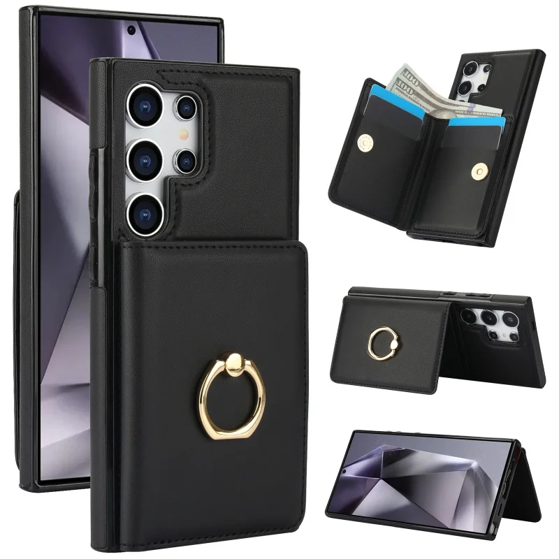 Elegant Leather Wallet Phone Case with Ring Holder and Card Slots