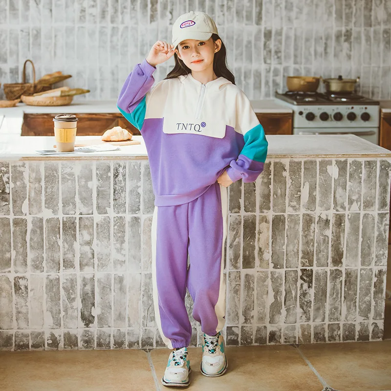 

New Teen Girls Hoodies Spring Autumn Fashion Sets Top + Pants 2pcs Children's Clothing Patchwork Sportswear Outfits 8 10 12 14 Y