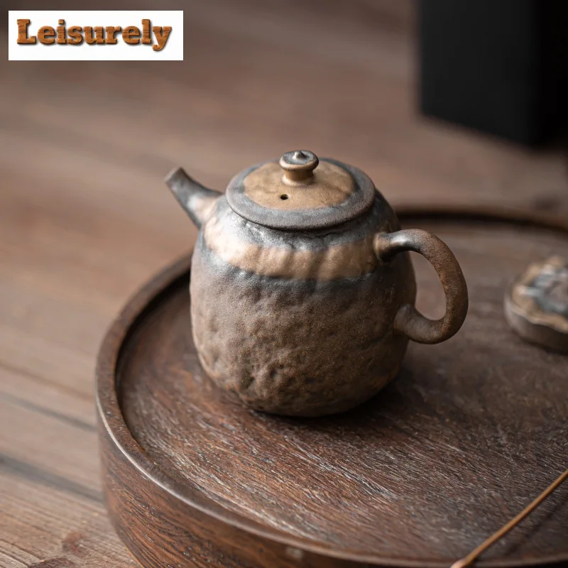 220ml Handmade Gilded Iron Glazed Teapot Old Rock Mud Stubborn Stone Pot Tea Brewing Kettle with Infuser Puer Tea Items Craft