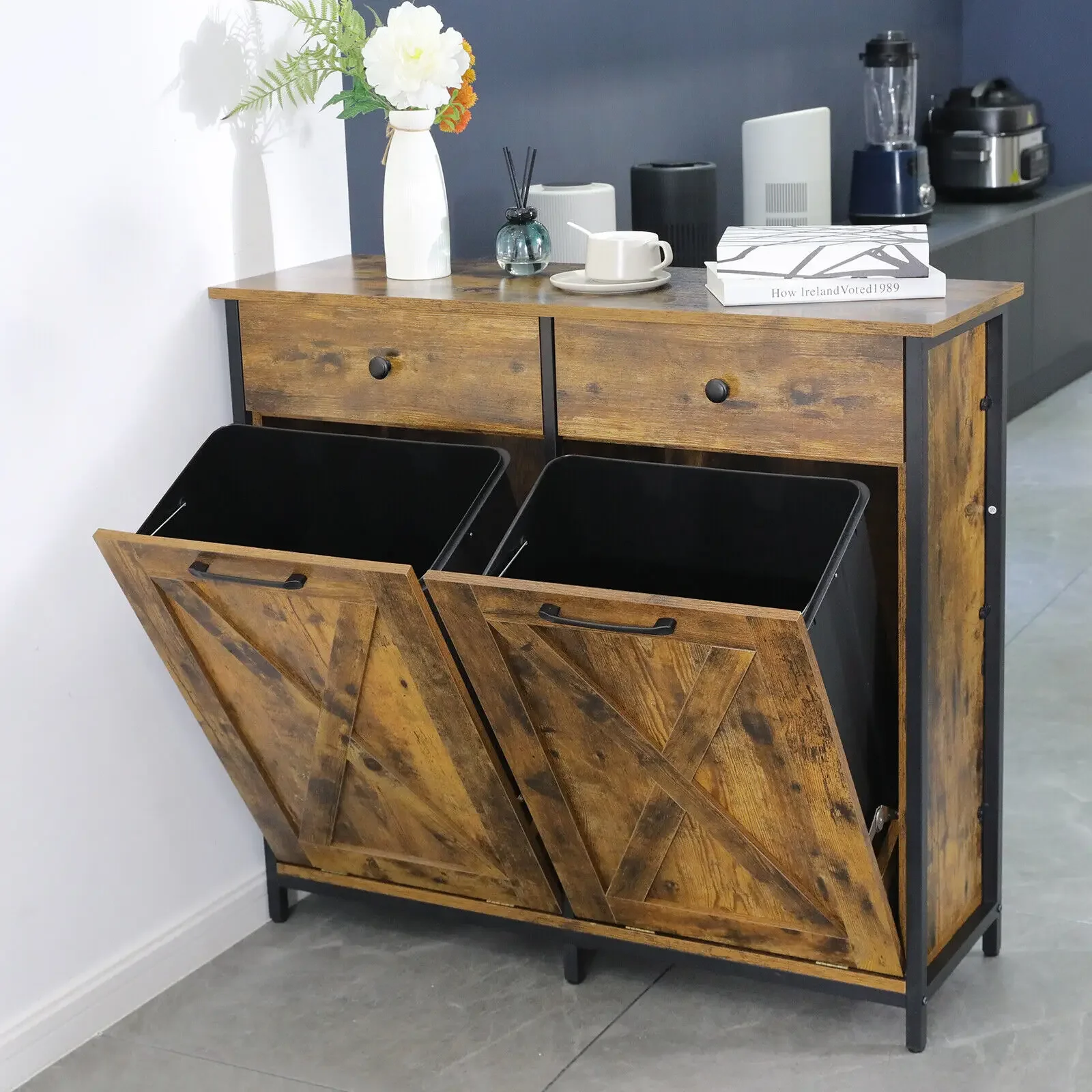 Dual Kitchen Trash Cabinet, 2 x 10 Gallon Double Tilt Out Trash Can Cabinet with Countertop and Drawer, Free-Standing Pet Proof