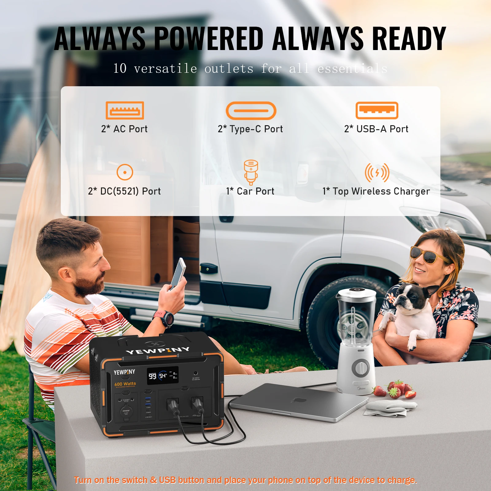 EM600 Solar Generator, 599Wh Portable Power Station with Wireless Charging, 100W Input, AC/DC for Camping & Home Use