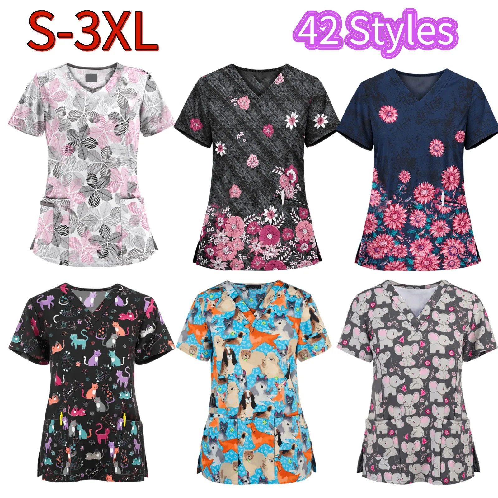 

Dogs And Cats Print Scrub Tops Women Vet Nurse Uniform Cotton Short Sleeve Blouse Pet Groming Veterinaria Working Clothes Top