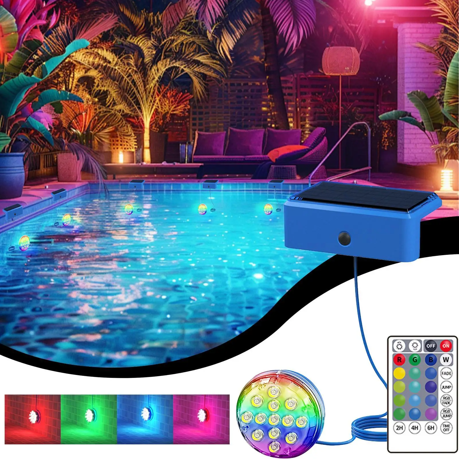 RGB Solar Pool Lights Swimming Pool Solar Lights with Timer 16 Colors Magnetic Submersible Lighting Accessories for Poolside