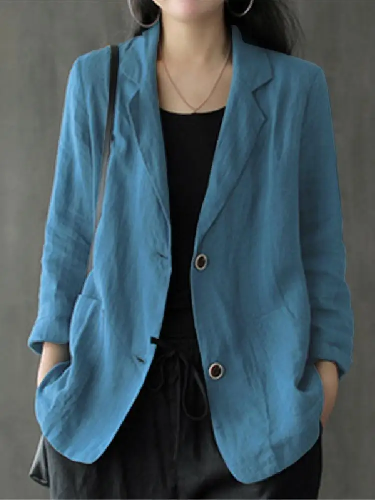 

ZANZEA Women Blazer Autumn Vintage Lapel Neck Long Sleeve Work Suits Casual Solid Cotton Blazer Elegant Cardigan Thin Coats