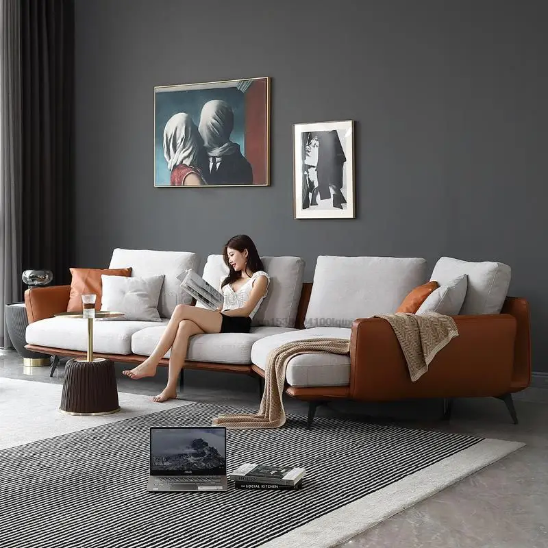 Light Luxury High-End Living Room Fabric Curved Sofa Italian Minimalist Corner Chaise Lounge L-Shaped Sofa Combination Furniture