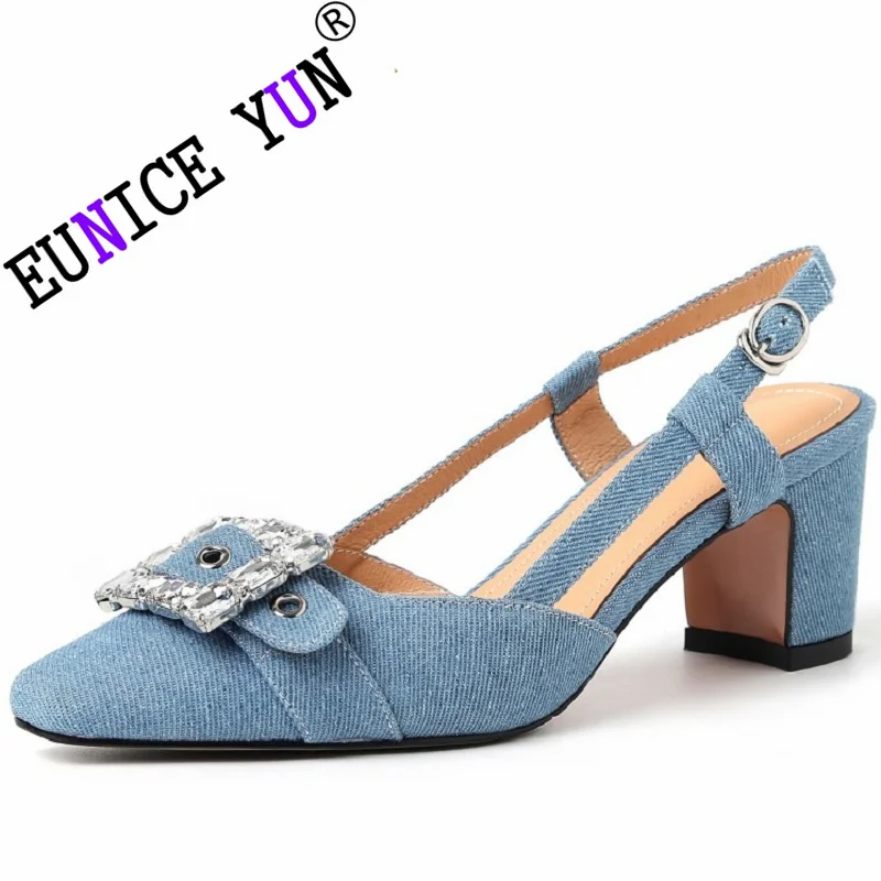 

【EUNICE YUN】Summer High Heel Women Sandal Pumps Fashion Denim Crystal Sexy Square Toe Dress Party Shoes Women Shoes