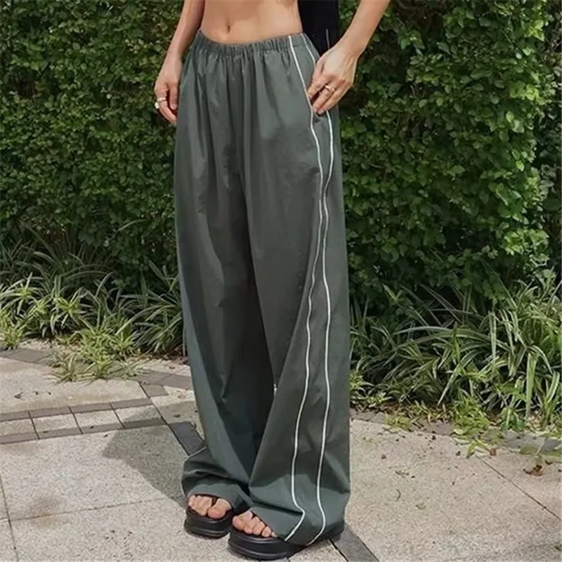 

Korean Style Streetwear Casual Sport Sweatpants Side Stripe Elastic Waist Straight Wide Leg Oversize Pants Joggers Baggy Trouser