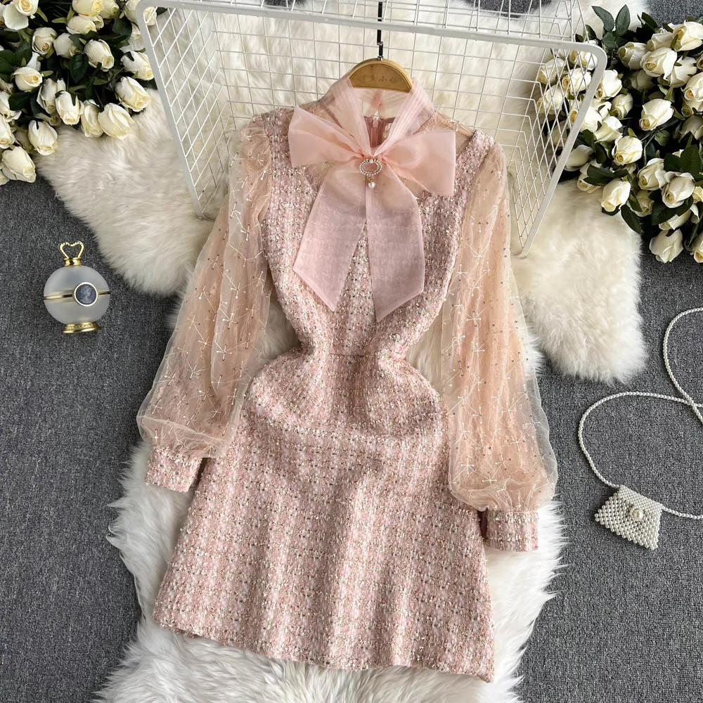 

Fashion Runway Women Lantern Sleeve Sequins Mesh Stitching Tweed Dress New Spring Fashion Sweet Bow Pink Tweed Dress Vestidos